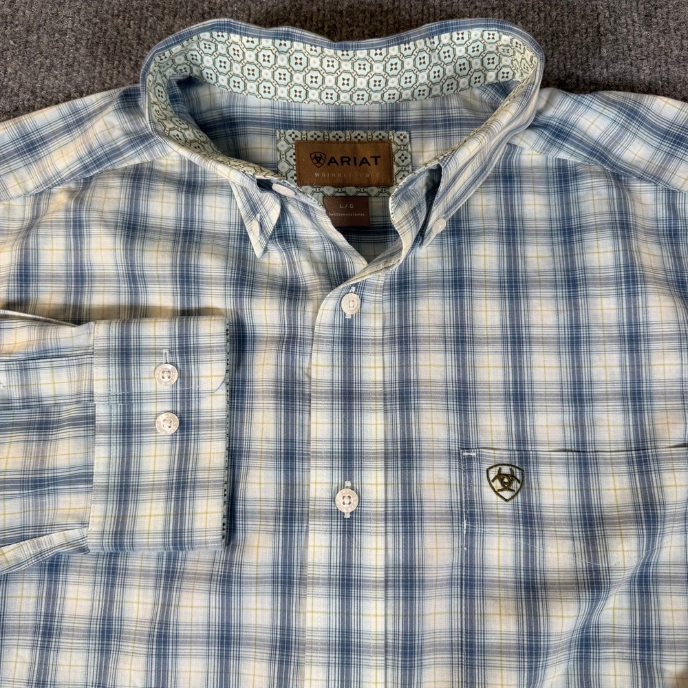 Ariat Mens Wrinkle Free Plaid Long Sleeve Button Down Shirt Blue Large #4027